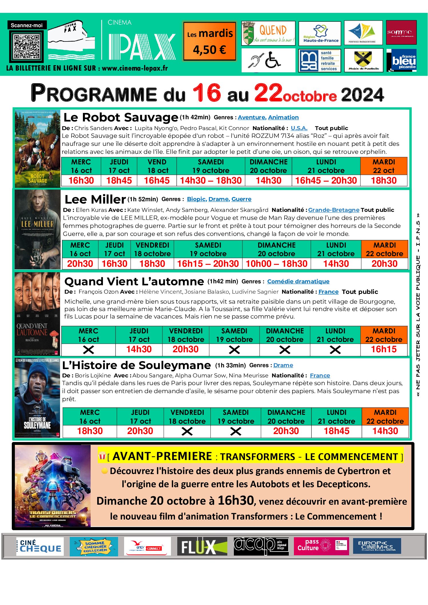 Programme cinéma du 16 au 22 octobre